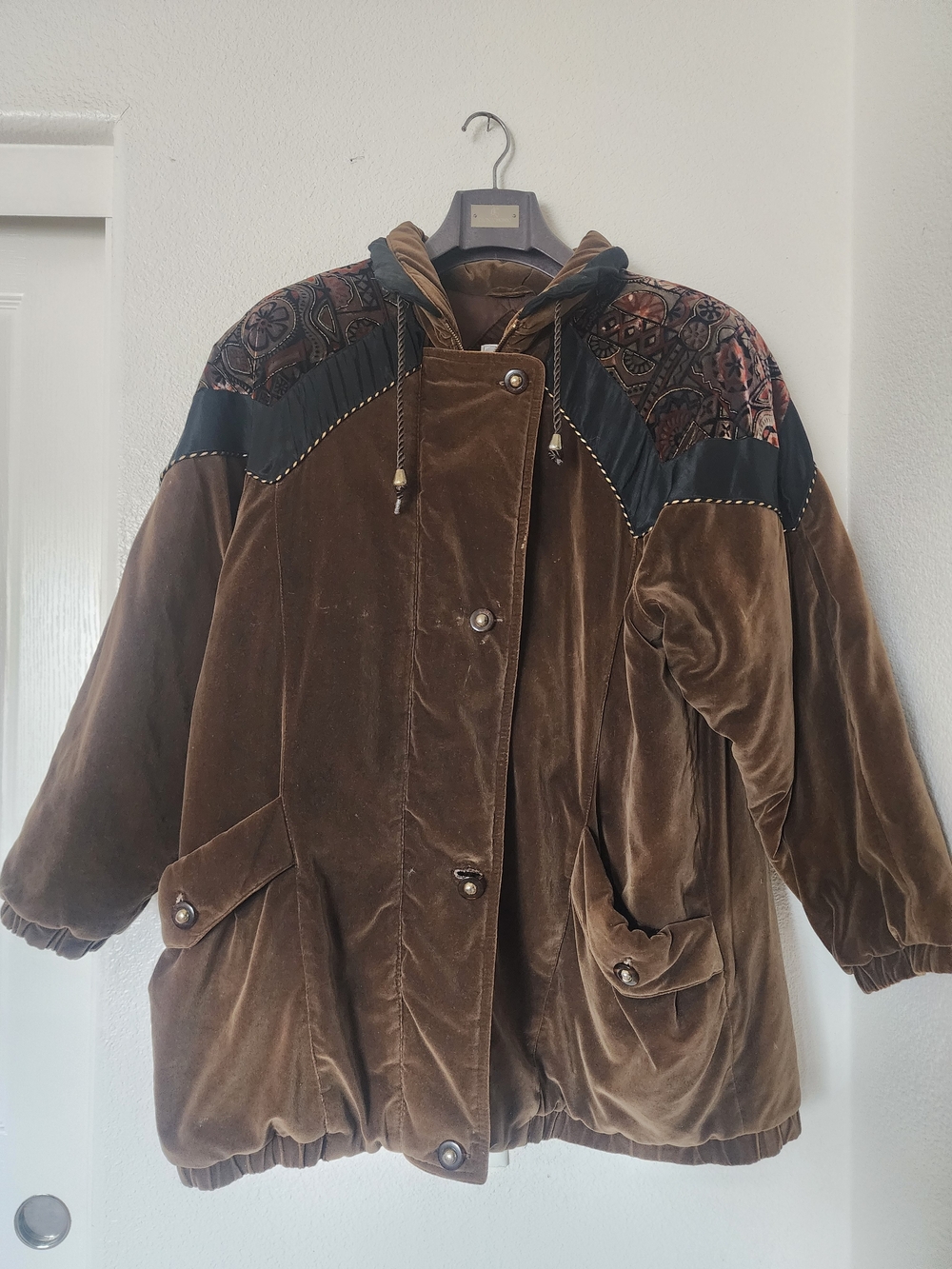 Current Seen Brown Velvet Paisley Tapestry Hooded Coat 1X Vintage